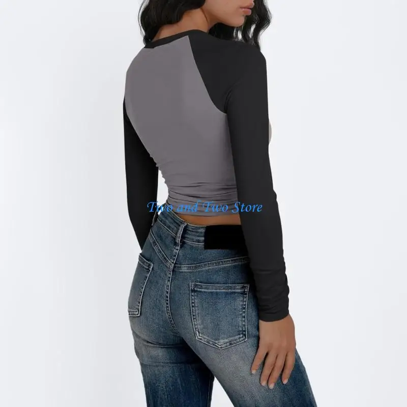 HX6F Women's long-sleeved slim-fit stretch color-blocked cropped top