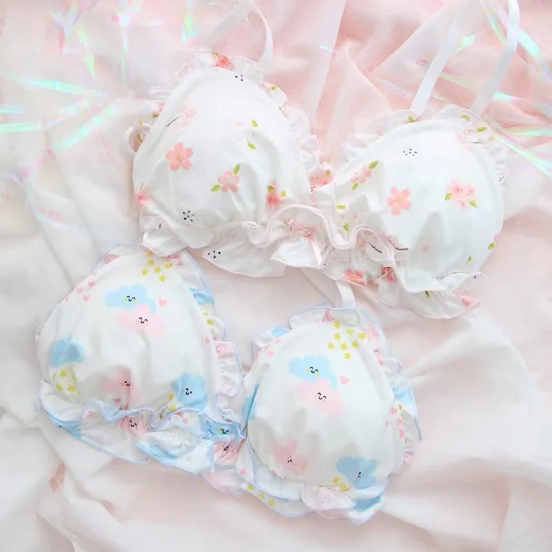 Underwear Set Women Kawaii Japanese Bra & Panties Set Wirefree Soft Underwear Sleep Intimates Set Cute Lolita Bra and Panty Set