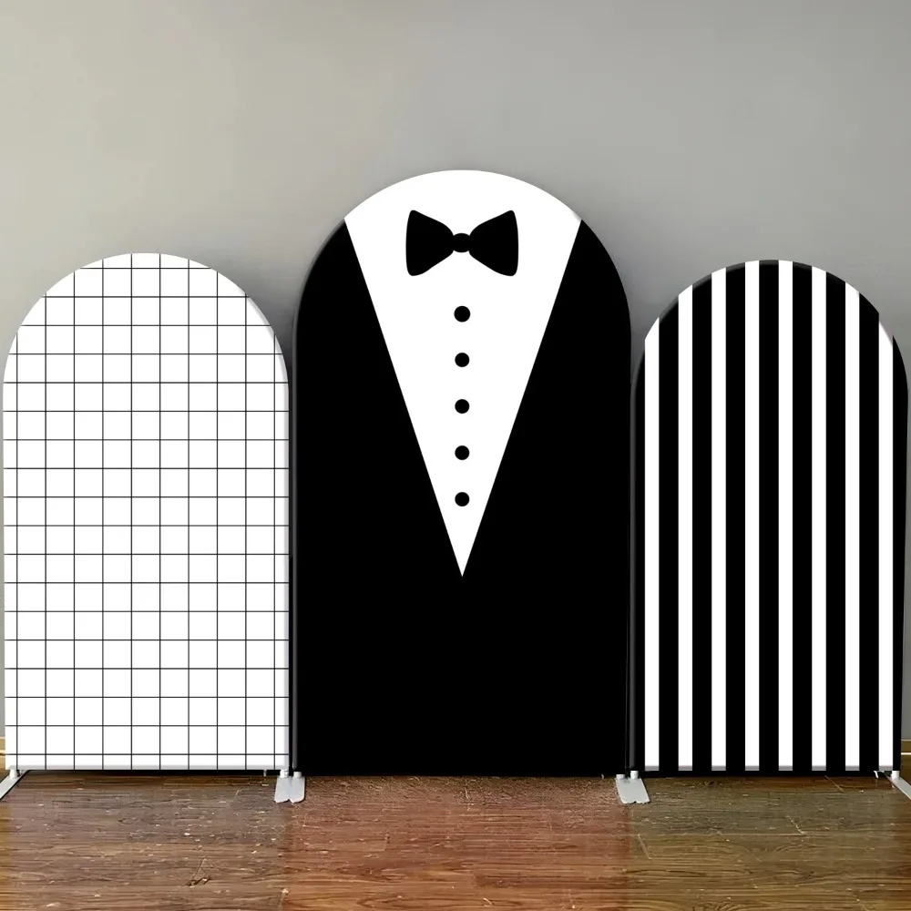 Boy's Birthday Arch Backdrop Cover Gender Reveal Baby Shower Kids 1st Birthday Party Chiara Wall Black Tie Stripes Background