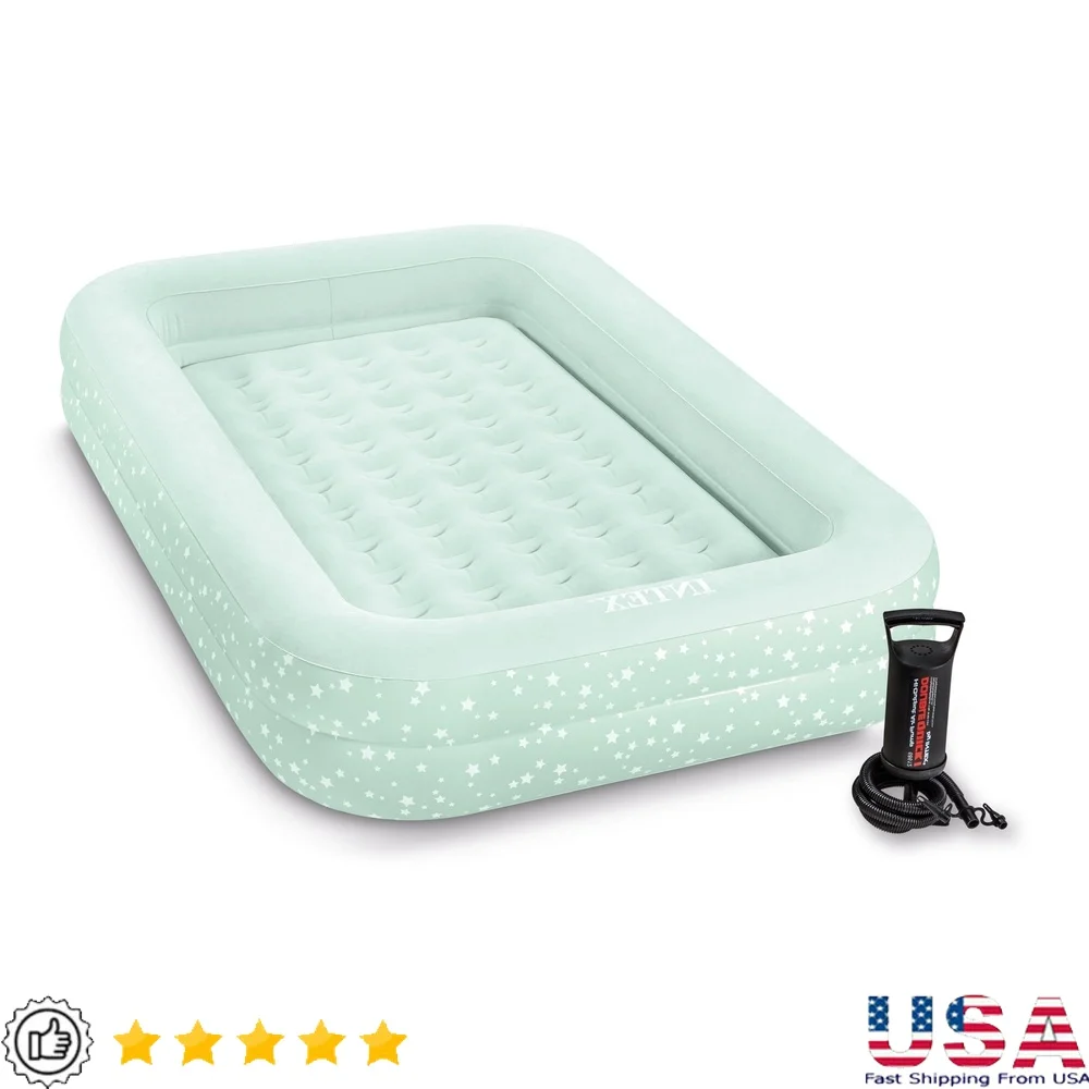 

Kids Inflatable Air Mattress Travel Bed with Raised Sides Hand Pump Portable Sleeping Surface Sleepovers Camping Naps