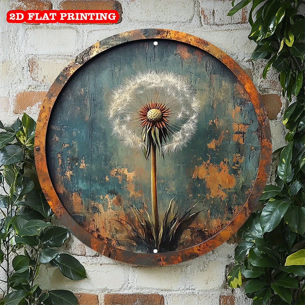 2D Flat, 2D Flat Vintage Dandelion Metal Sign - Rustic Round Aluminum Wall Decor, Pre-Drilled Holes, 20.32x20.32 cm Autumn Garde