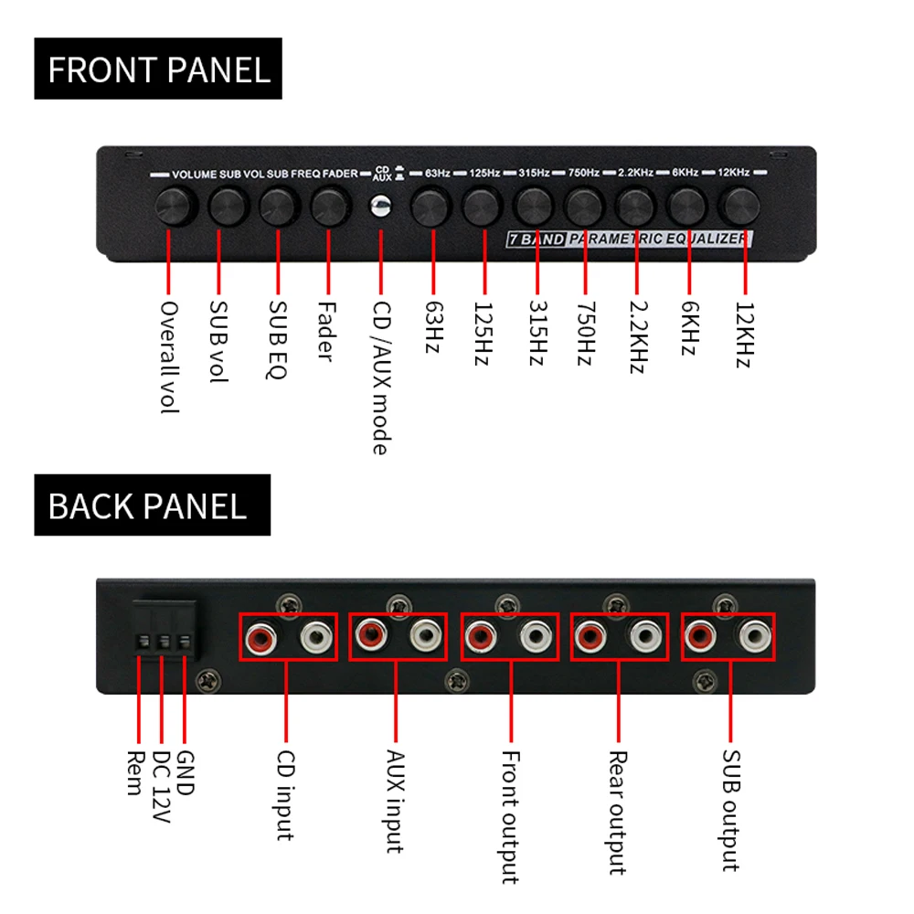 Equalizzatore per auto professionale a 7 bande Audio per auto multifunzionale EQ Tuning Amplificatore crossover Equalizzatore parammetico Audio per auto