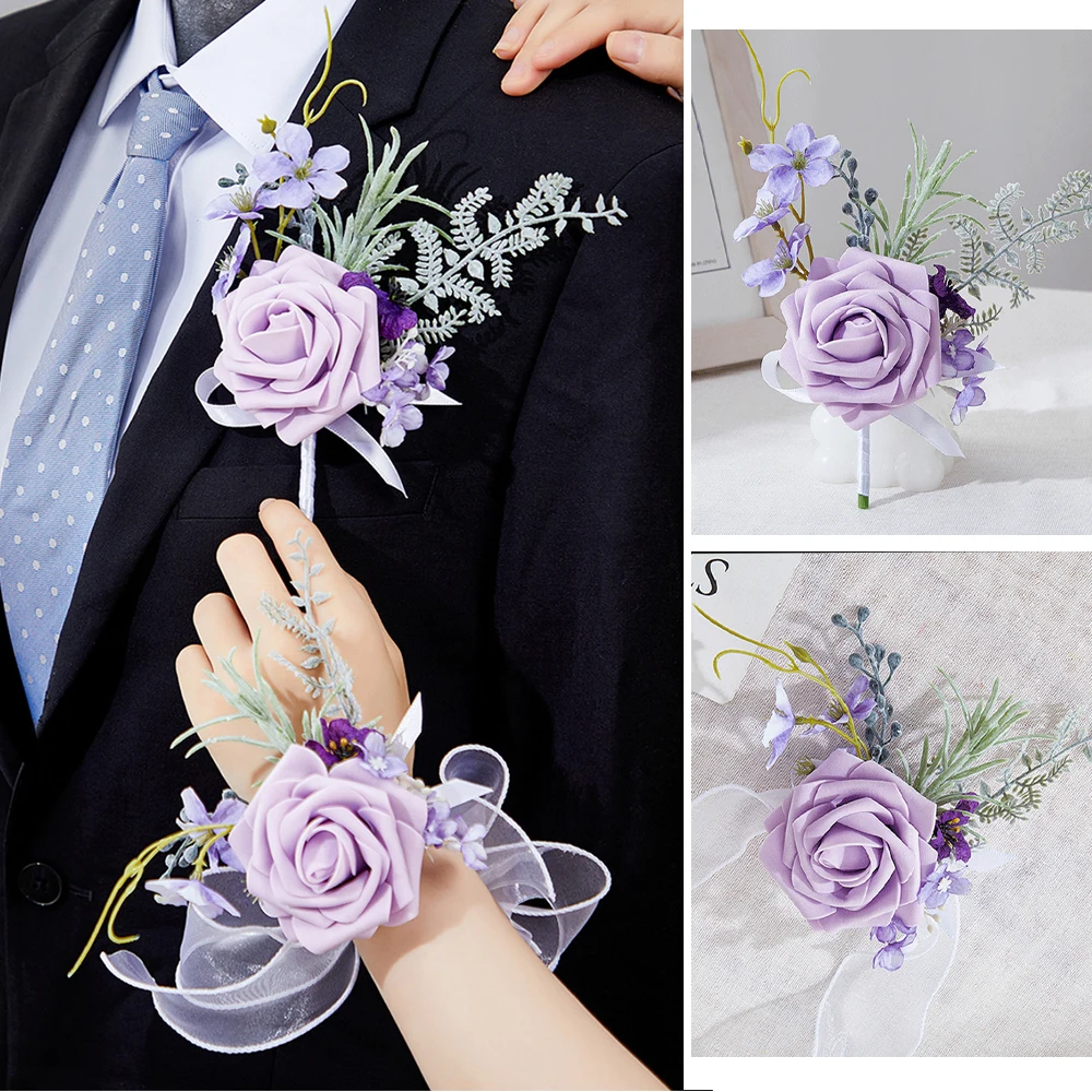 Light Purple Rose Wedding Boutonniere&Wrist  Corsage , With Purple Small Flowers Decor For Grooms Wedding Flowers Accessories