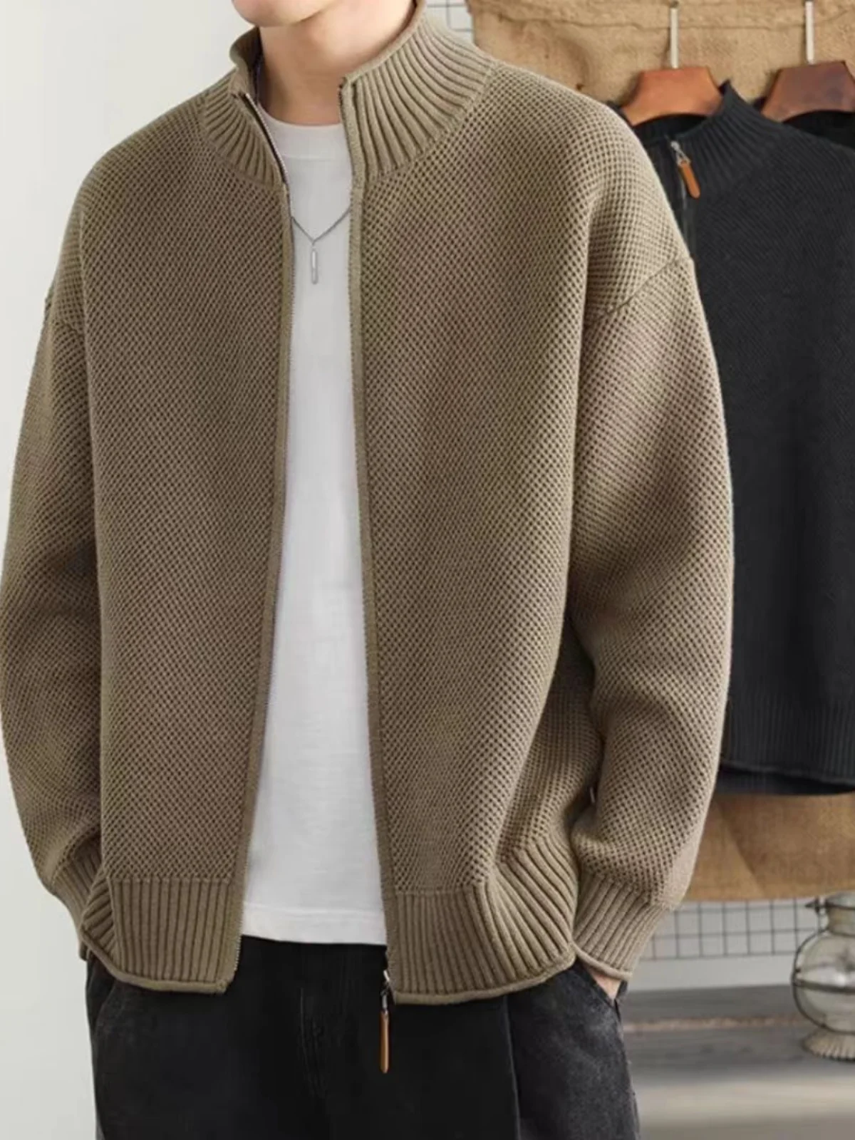 

Sli Knitted Stand Collar Open Cardigan Color Casual Outerwear for Youth Autumn Winter Season Chinese Brand Casual Wear