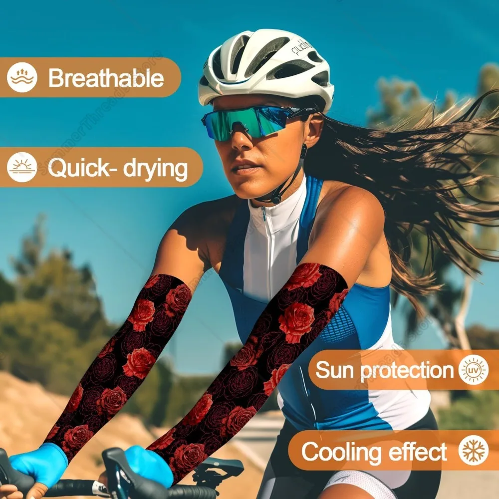 Cubierta de brazo refrescante con flor de rosa roja para hombres y mujeres - Mangas de brazo con protección solar ultravioleta para conducir con el dedo