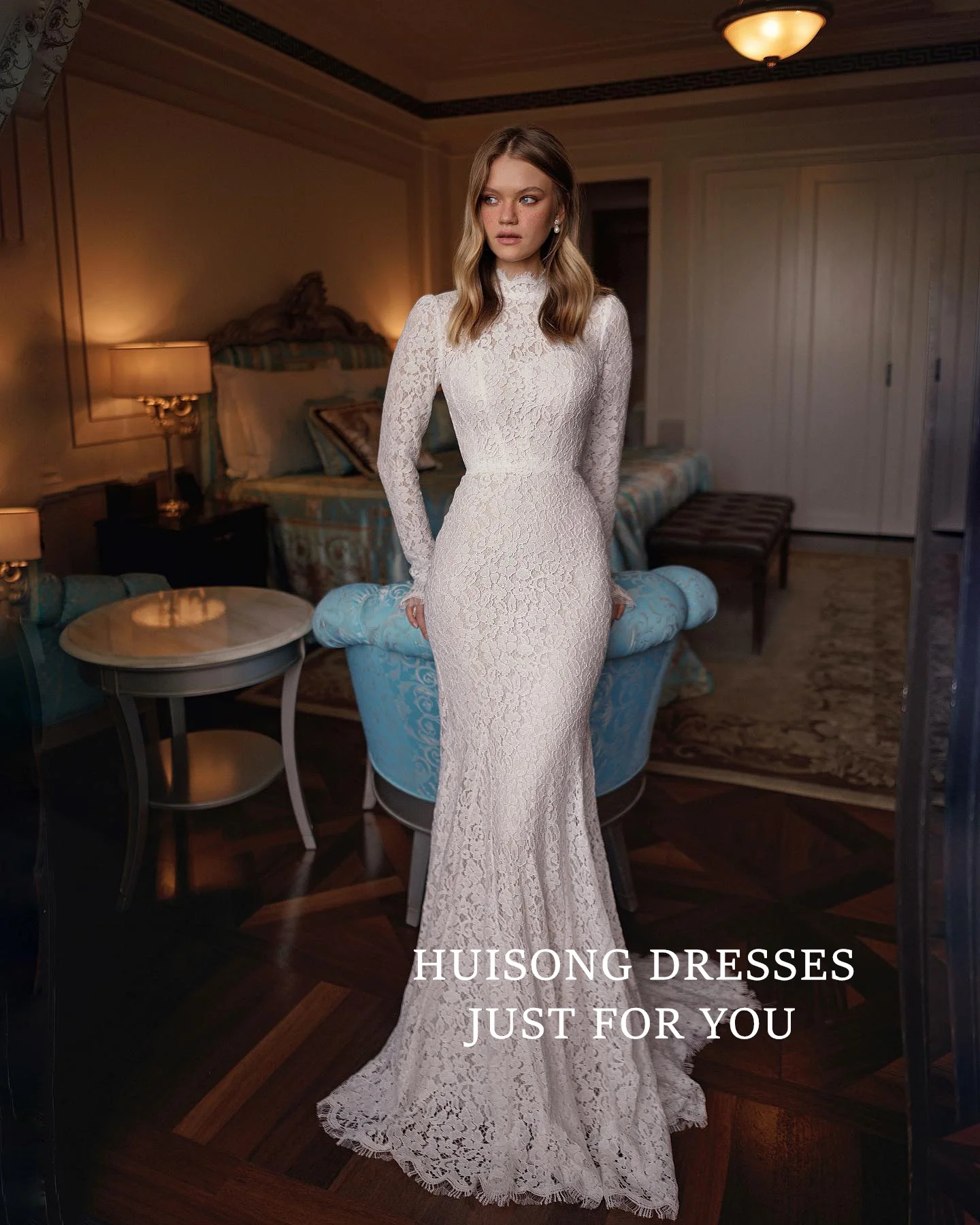 

HUISONG Customized robe de mariée Modest Lace Appliques Mermaid Wedding Dresses High-Neck Long Sleeves Beach Bridal Gown שמלת כל