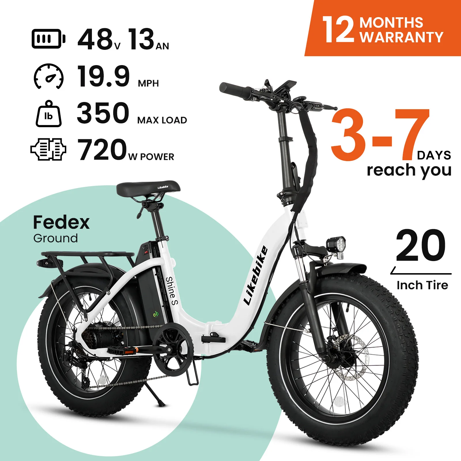 Adult folding electric bicycle, 500W motor, 20 inch thick tires, 48V detachable battery, front and rear disc brakes, city bike