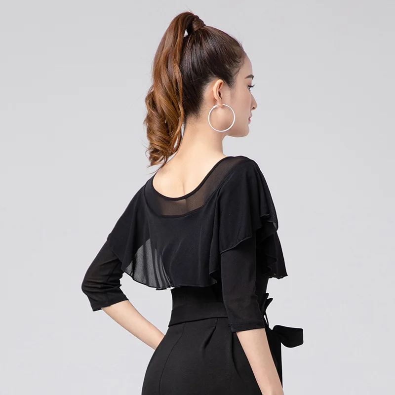 성인 여성 라틴 댄스 셔츠 중간 소매 의류 러플 블랙 점프수트 댄스 트레이닝 의류 전문 댄스 탑