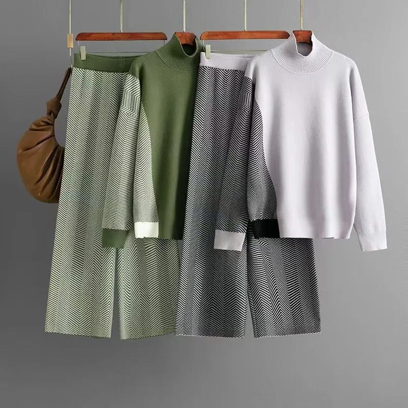 

Faionable Color Blo Knitted Sweater And Pants Set Long Sve Thermal Autumn Winter Women's Loose Fit Comfortable Two Pie...