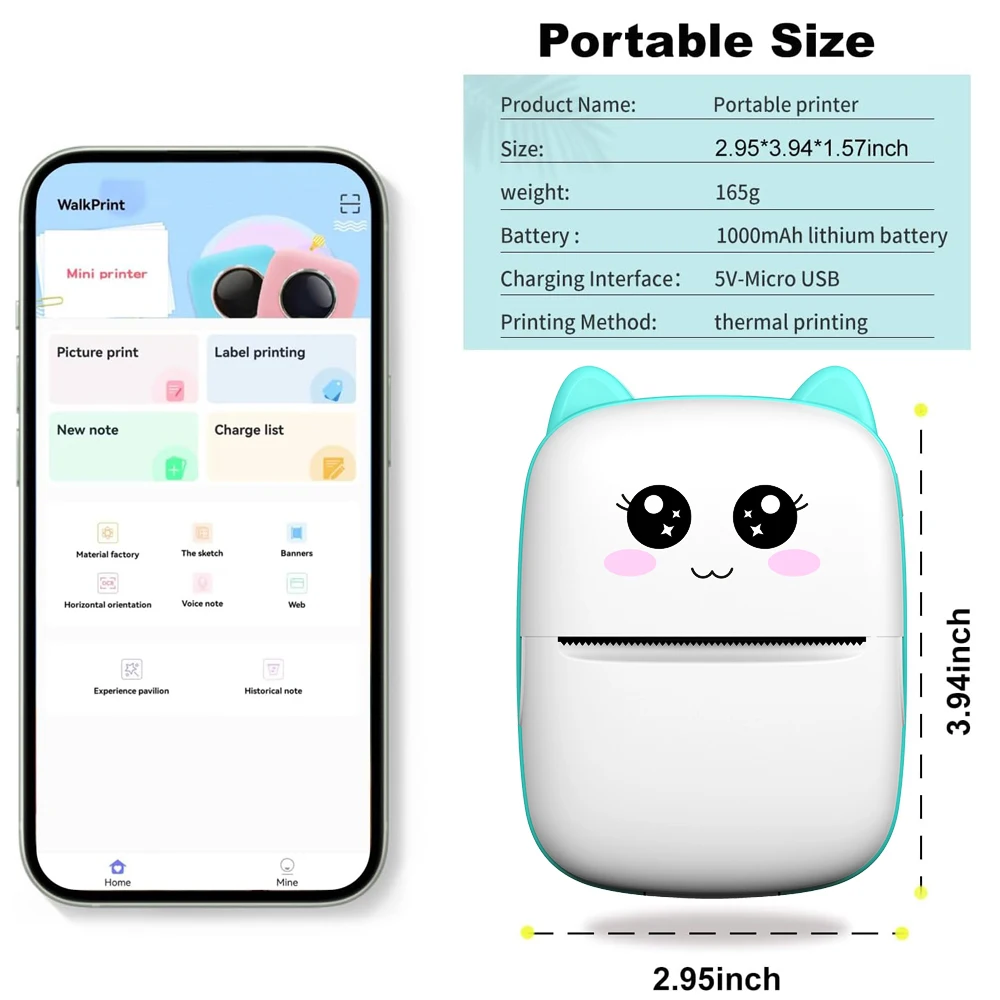 Mini-printer, Thermal Printer Ink-free Portable Sticker Printer Compatible with IOS and Android, Wireless Photo Printing Tags