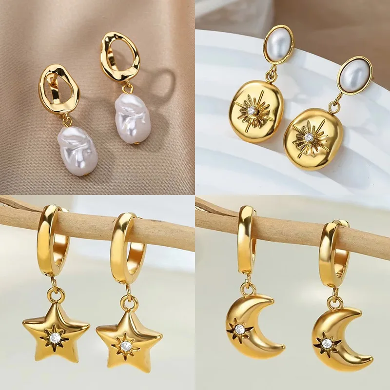 Zirkon Stern Mond Ohrringe Für Frauen Gold Farbe Edelstahl Stern Mond Tropfen Ohrring Mode Ästhetischen Weihnachten Schmuck Geschenk