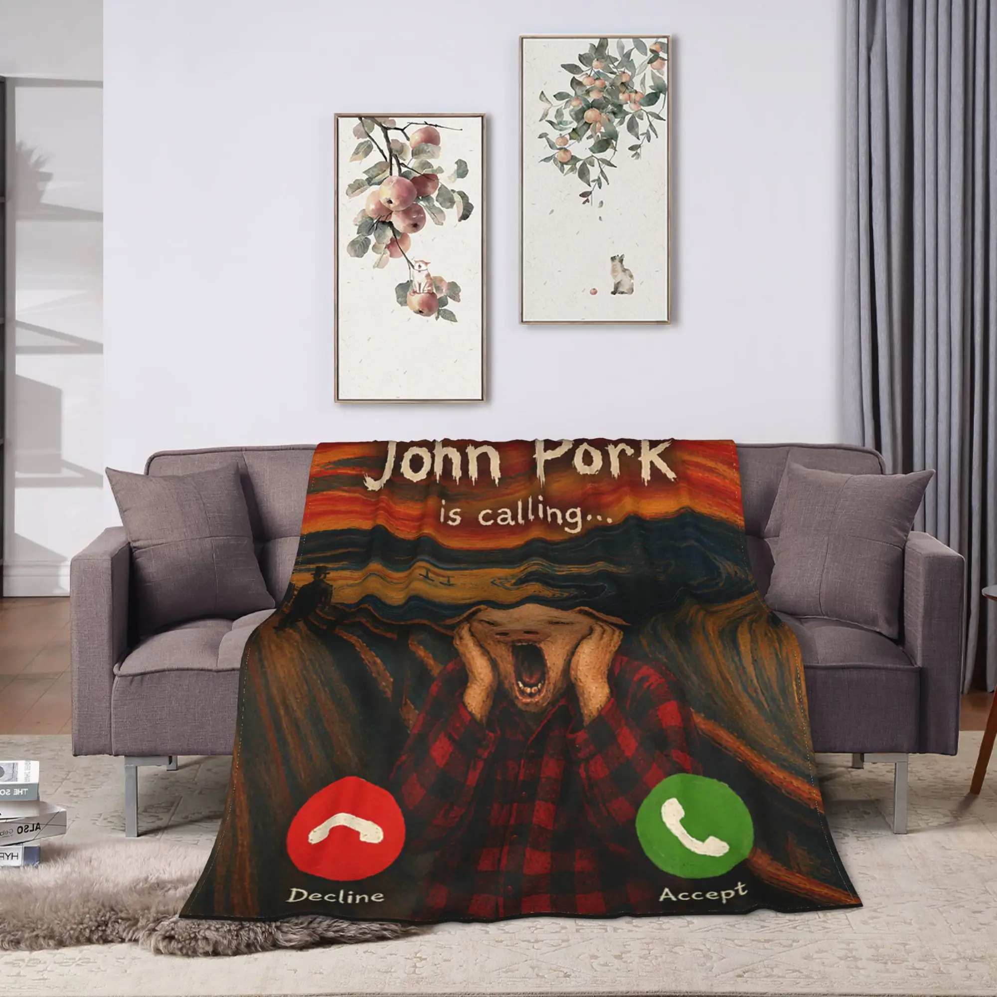 John Pork The Scream Edvard Munch Art Parody Funny Meme Warm Cozy Blanket For Living Room Fashion Throw Blanket Winter Bedspread