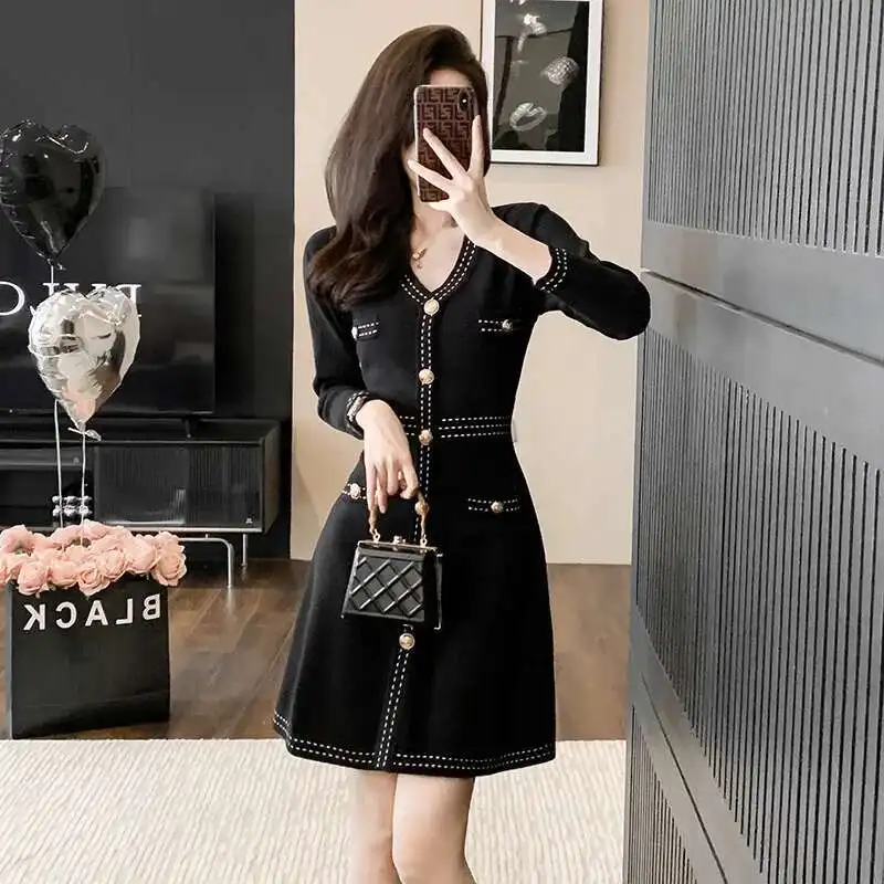 #0934 Office Sweater Dress Women V-neck Single Breasted Mini Dress Female Long Sleeve Slim Fit Short Knitted Dress Korean Style