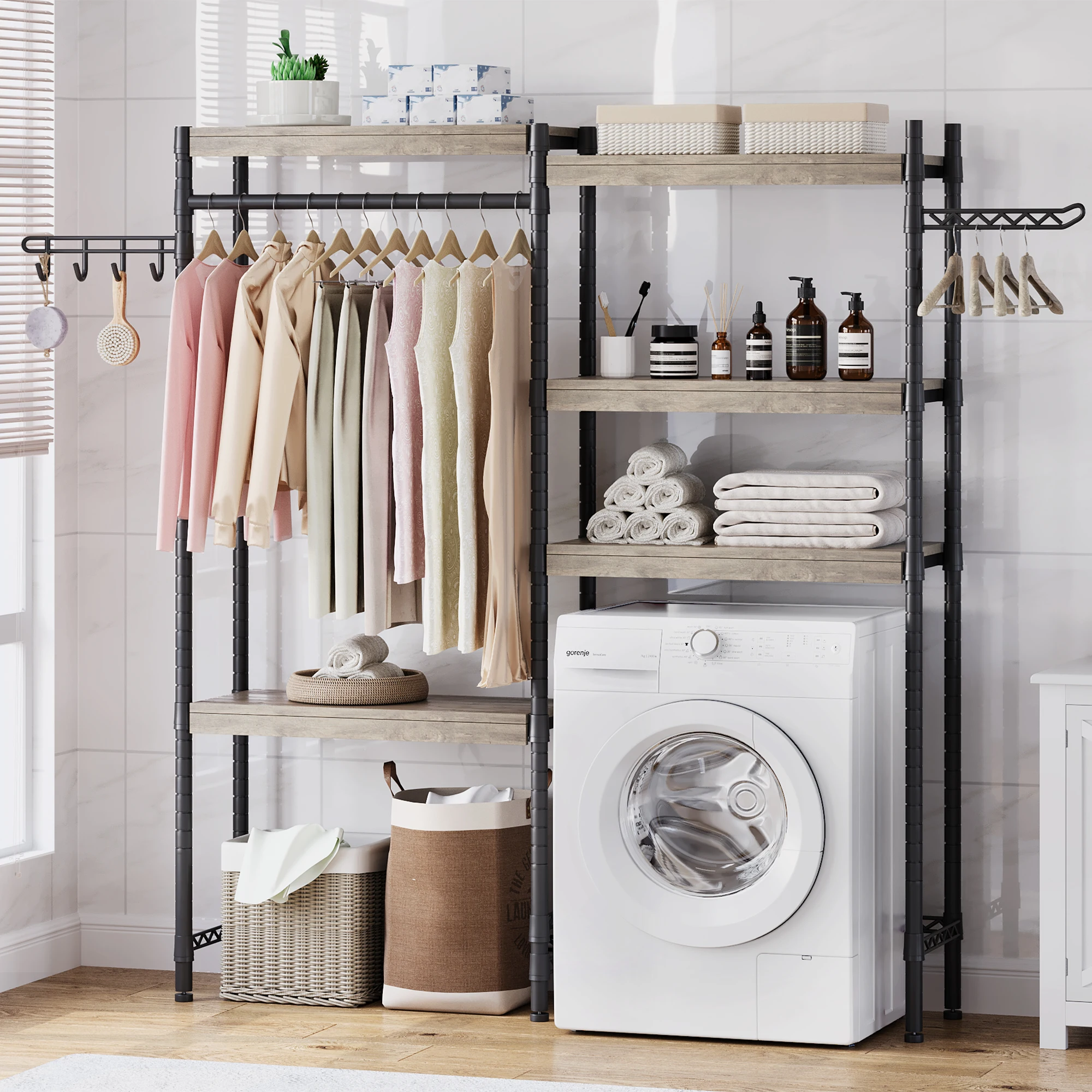 5 Tier Wood Over The Washer and Dryer Storage Shelf with Drying Clothes Racks Laundry Room Shelf Organization and Storage