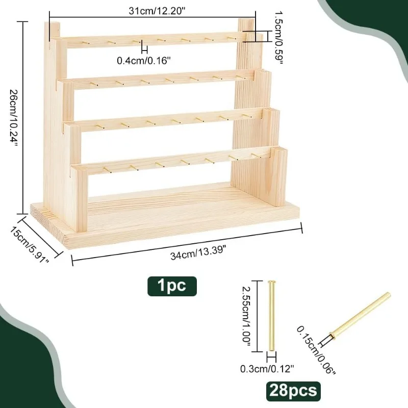 4 Tier Earring Stand Display, Wood Earring Holder Organizer Ear Stud Holder Rack Removable Wooden Jewelry Showcase