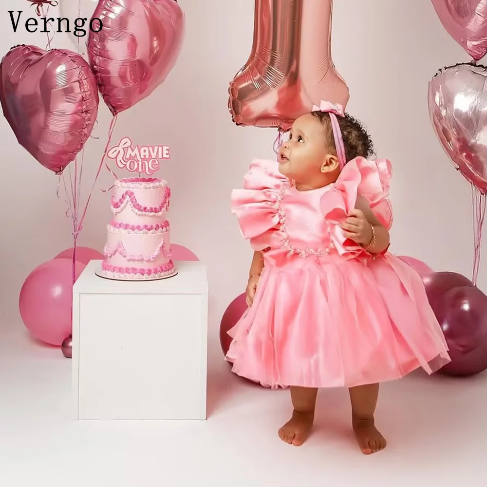 

Розовое атласное платье Verngo для девочек с цветочным узором, без рукавов, А-силуэт, для торжественных случаев, детские платья для фотосессий, бальные платья, на заказ