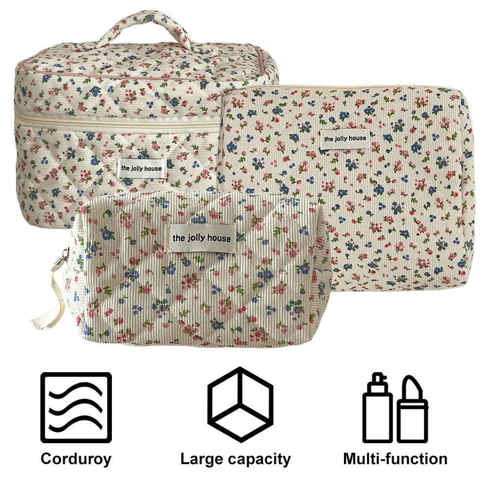 Floral Corduroy Toiletry Bag with Zipper Makeup Organizer Storage Bag Cute Cosmetic Organizer Case for Women Girls