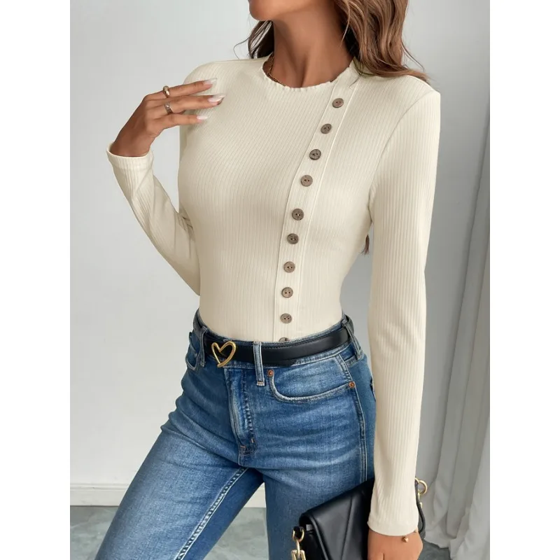 Women's White Ribbed Bodysuit Long Sleeve Crew Neck Side Button Slim Fit Casual Daily Top