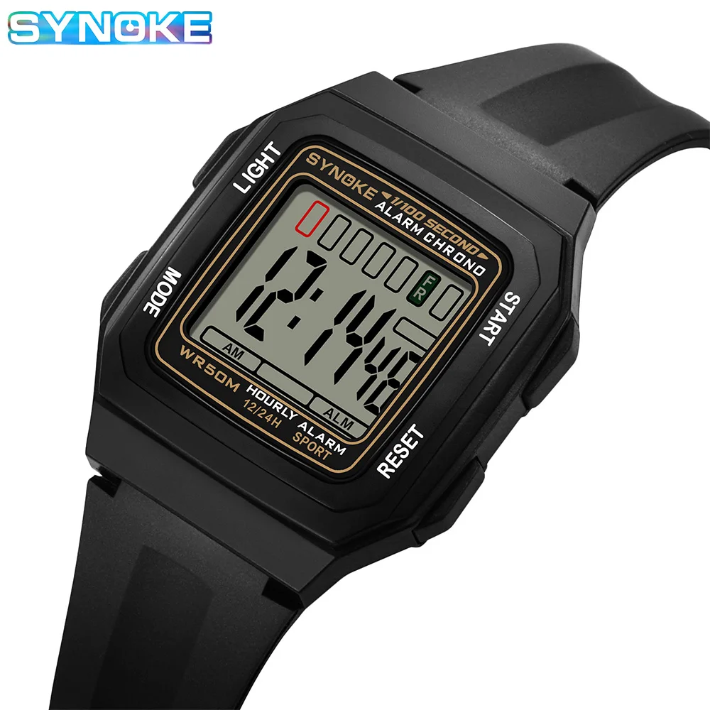 SYNOKE Kids Rectangular Sports Electronic Watch Waterproof Night Light Large Screen Alarm Clock Trend Retro Style Classics