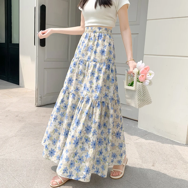 

2024 New Arrival Summer Korean Style Women Loose Fit Casual High Waist Vintage Floral Print A-line Mid-calf Mori Girl Skirt V02