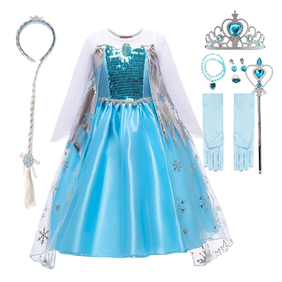 Princess Dress For Girl Snow Queen Carnival Halloween Cosplay Costume For Kids Elsa Party Dresses Children Sequins Tulle Vestido