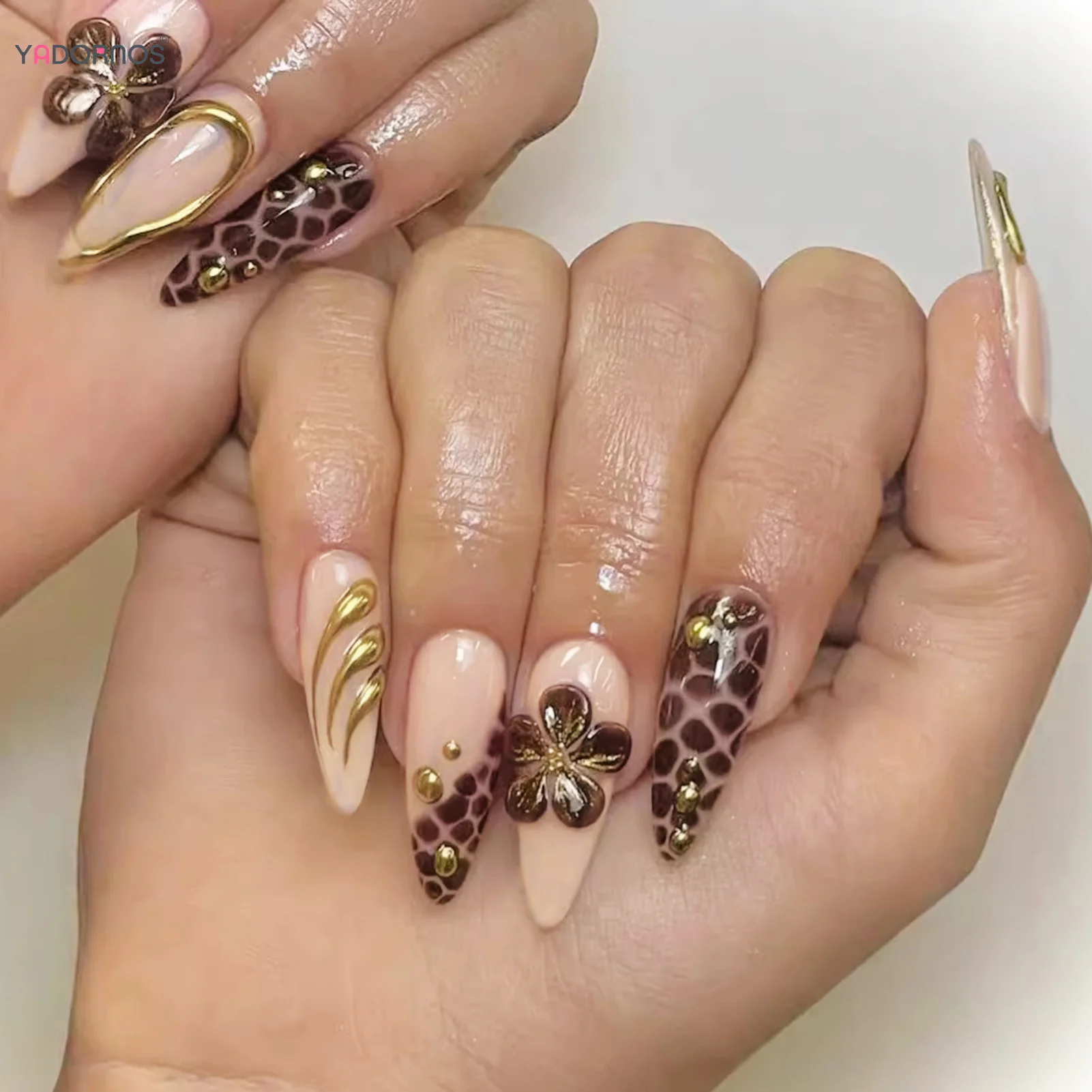 3D Amêndoa Patches unhas falsas, flor marrom, impressão de leopardo, imprensa sobre unhas, desenhos Gold Strip, unhas falsas dicas, Wearable Manicure, 24pcs