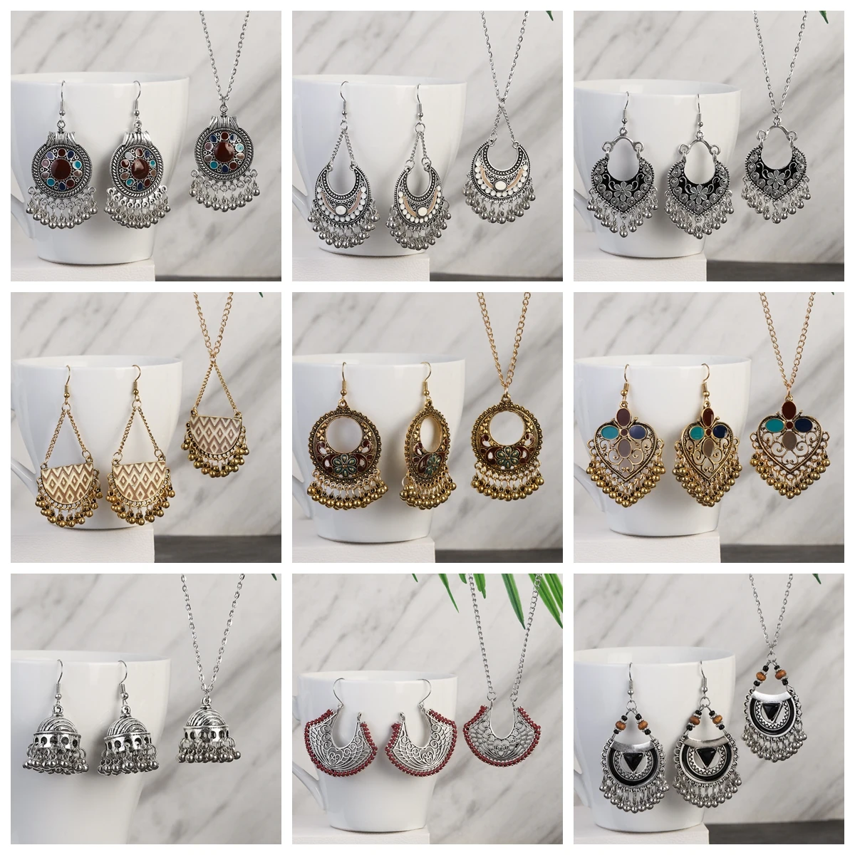 Vintage Boho Antique Silver/Gold Color Earrings Necklace Women's Round Heart Shape Flower Dange Earrings Tassel Wedding Jewelry