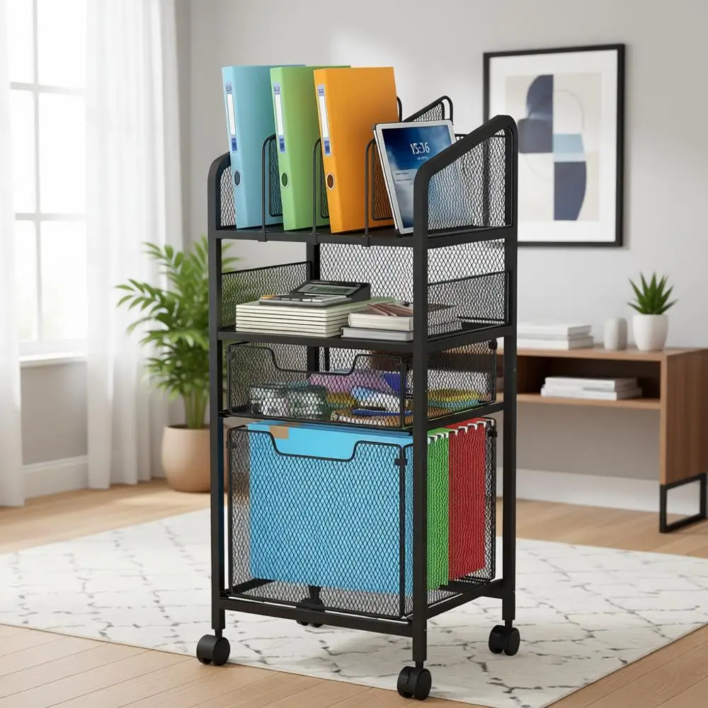 

Adjustable Divider Cabinet, 4-Tier Mobile Storage with Locking Wheels, Hanging Organizer Cart, and Letter-Size Rolling Utility C