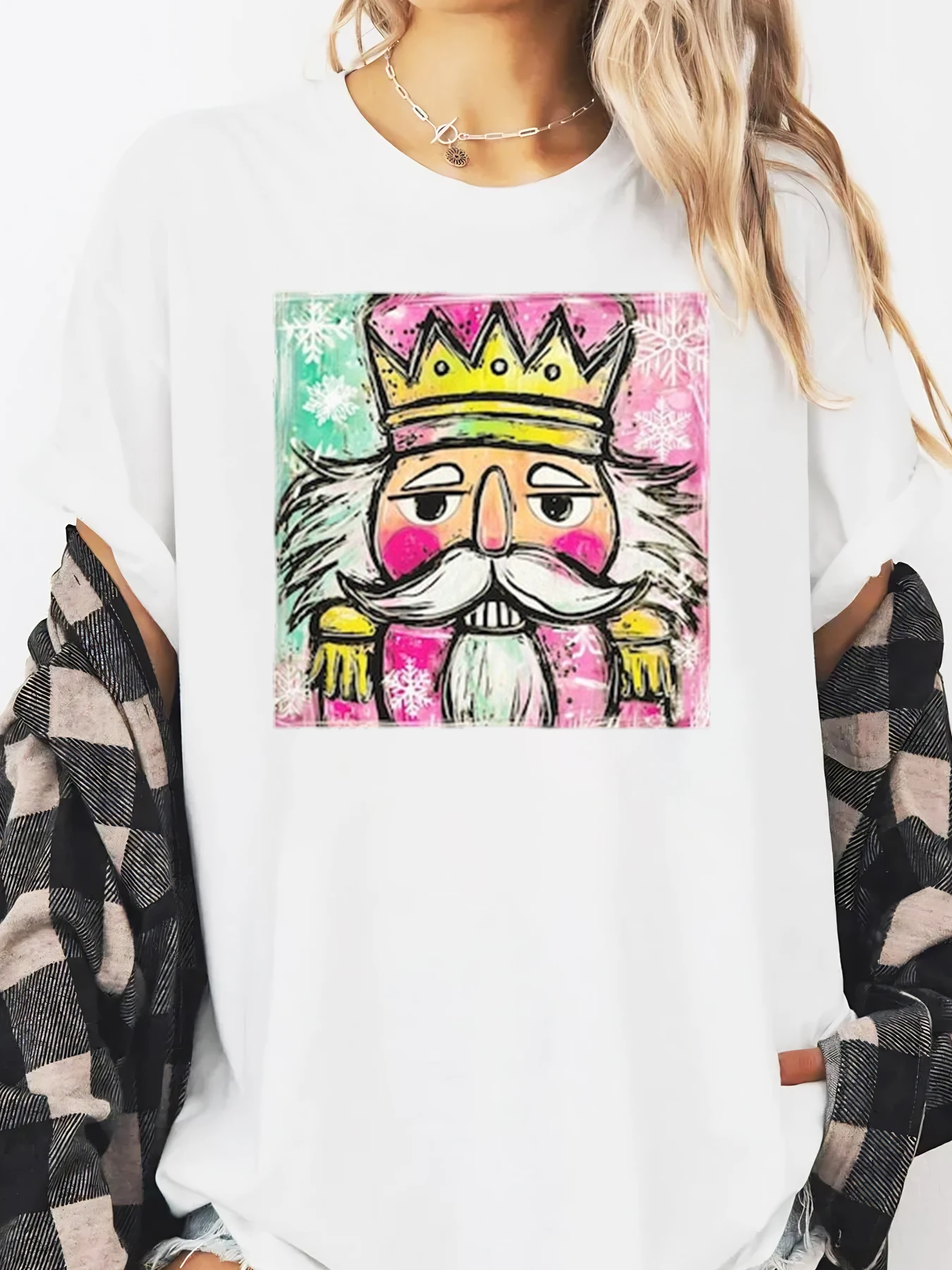 Nutcracker King Christmas Print Long Sleeve T-Shirt Women Holiday Party Casual White Plus-size