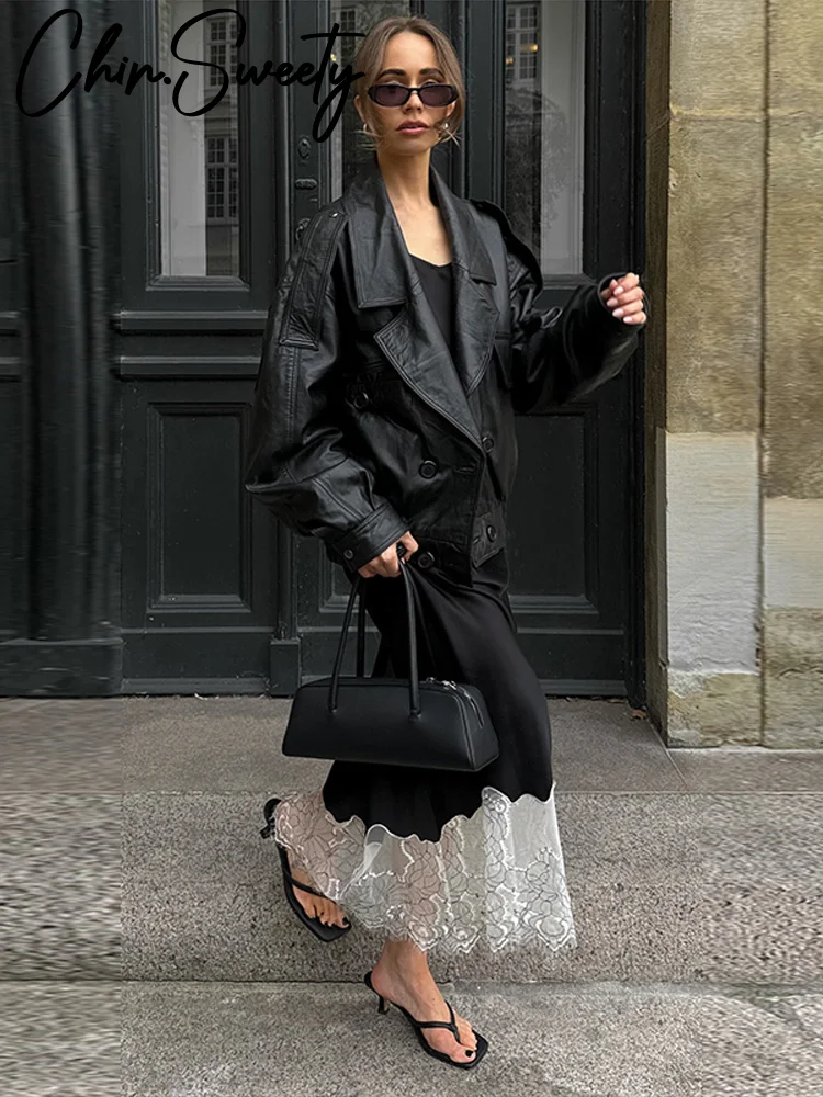 

Street Pu Leather Jacket Women Loose Solid Long Sleeve Lapel Double Breasted Jackets Female 2025 Autumn Fashion Black Outwear