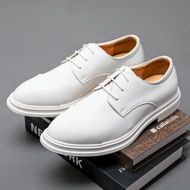 2026 Men Shoes Lace Up Oxfords Luxury Casual White Leather Leisure Dress Shoes Comfort Handmade Trend Fashion Wedding Party Shoe