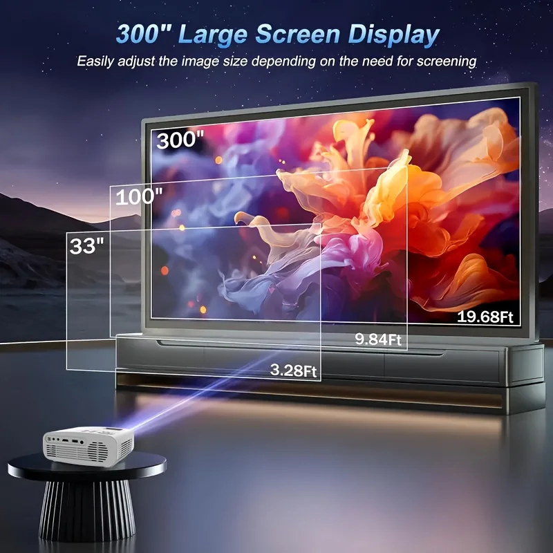 جهاز عرض فيديو محمول 300ANSI، يدعم 1080P الأصلي 4K، WiFi 6، لاسلكي 5.0، 180 °   دوران شاشة قابل للتعديل