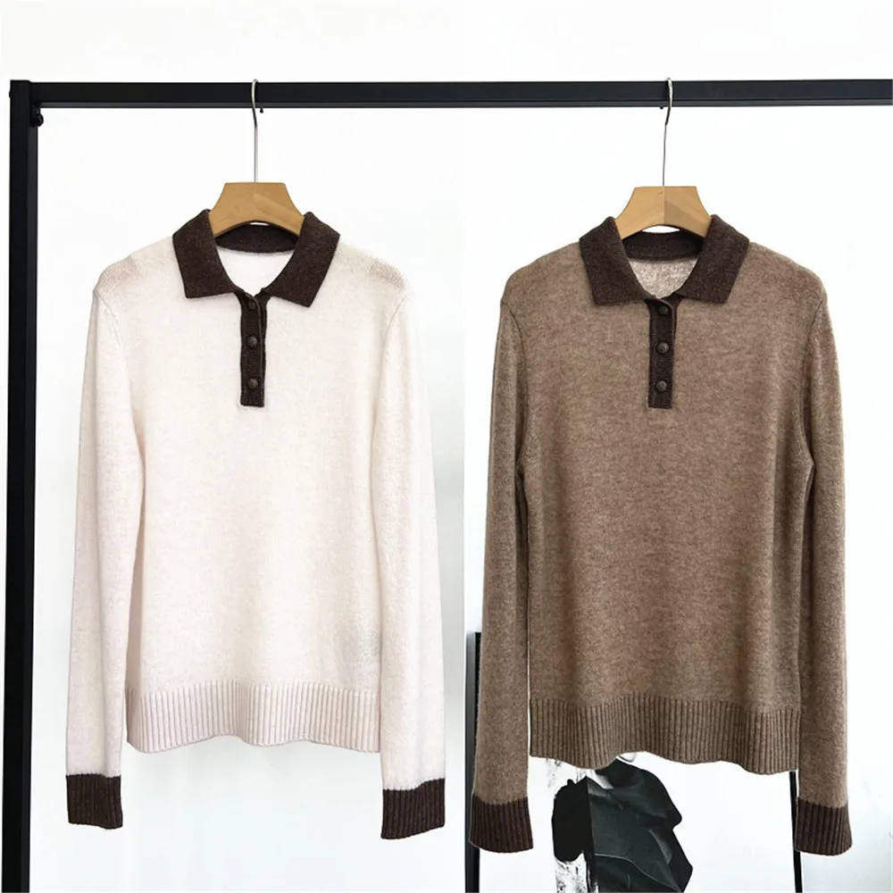 25 초가을 새로운 여성 폴로 칼라 세트 헤드 버튼 긴 소매 대비 느슨한 스트레이트 튜브 캐시미어 니트 탑