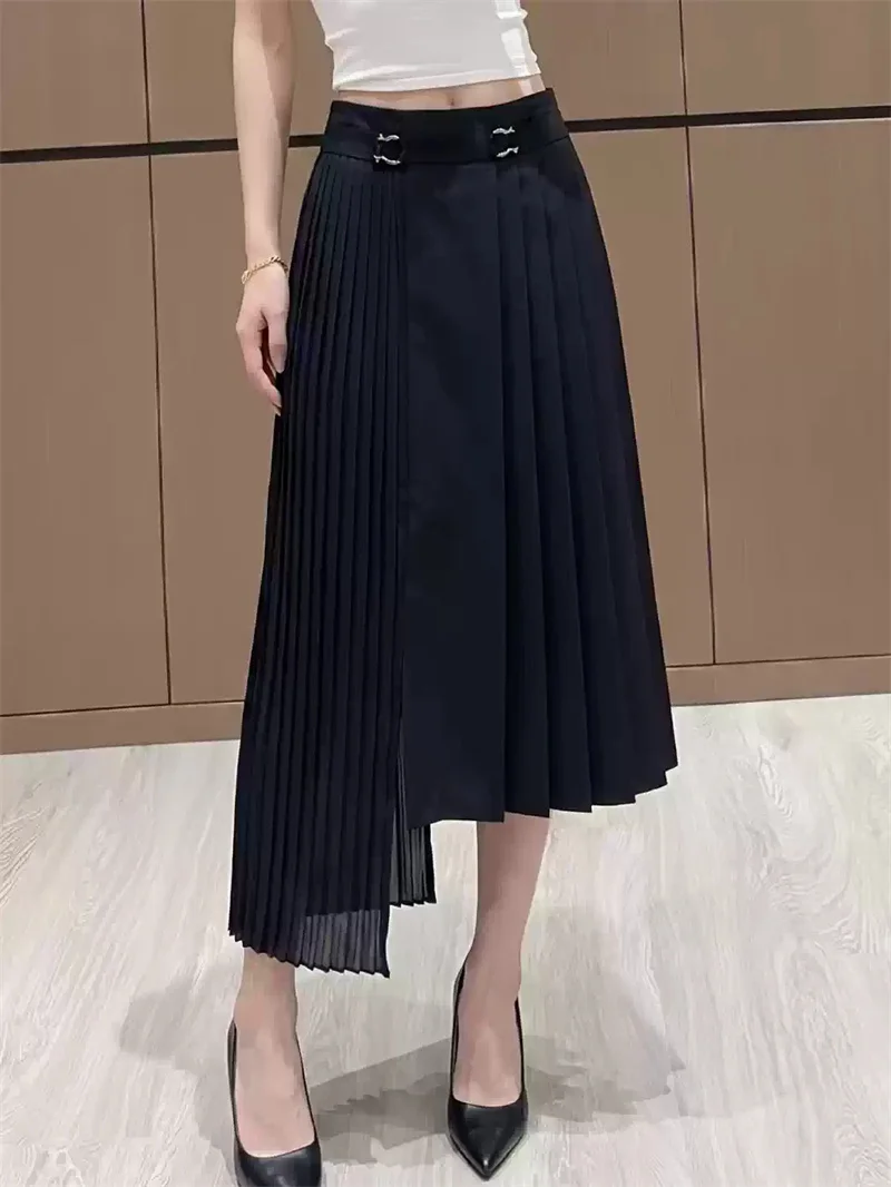 Fashionable Women High Waisted Pleated Skirt Metal Buckle Irregular Midi Jupe for Ladies Early Autumn