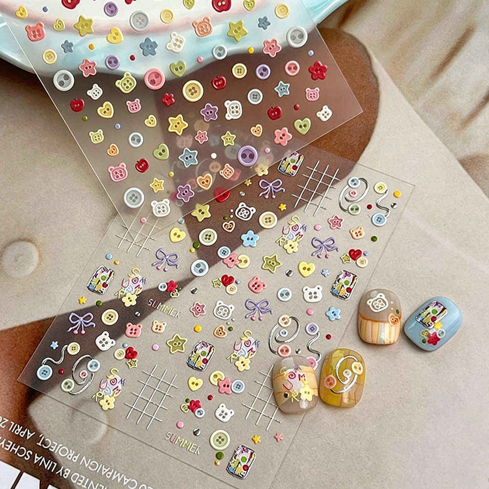 1pcs 5D Embossed Cute Button Nail Art Stickers Kawaii Raised Cartoon Buttons Nail Decals DIY Crafts Bottle Nails Art Accessories