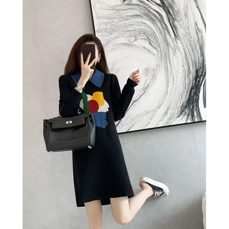 Autumn 2023 New Black Knitting Long Sleeve Midi Dress Interior Lapping Female Fashion Printing Turn-down Collar Casual Dresses