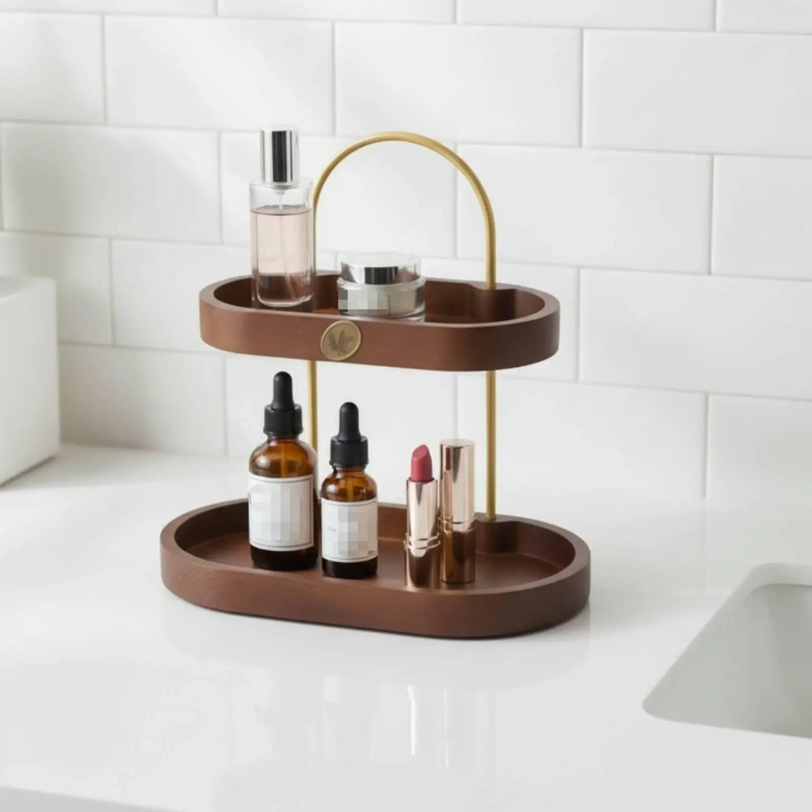 Cosmetic Storage Rack Space-Saving Makeup Organizer with Wooden Trays Gold-Toned Two-Tier Vanity Shelf for Women, Dresser,