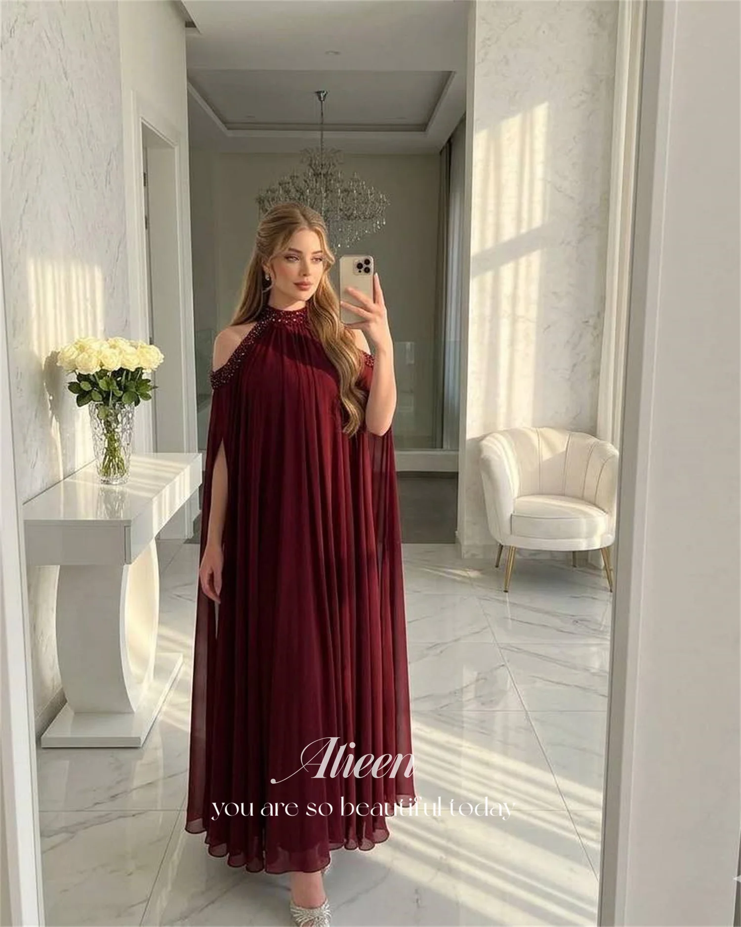 Aileen Chiffon Halter Burgundy A-Line Evening Dress 2026 Prom Dress Beading Elegant Formal Gowns Women Ladies Customized