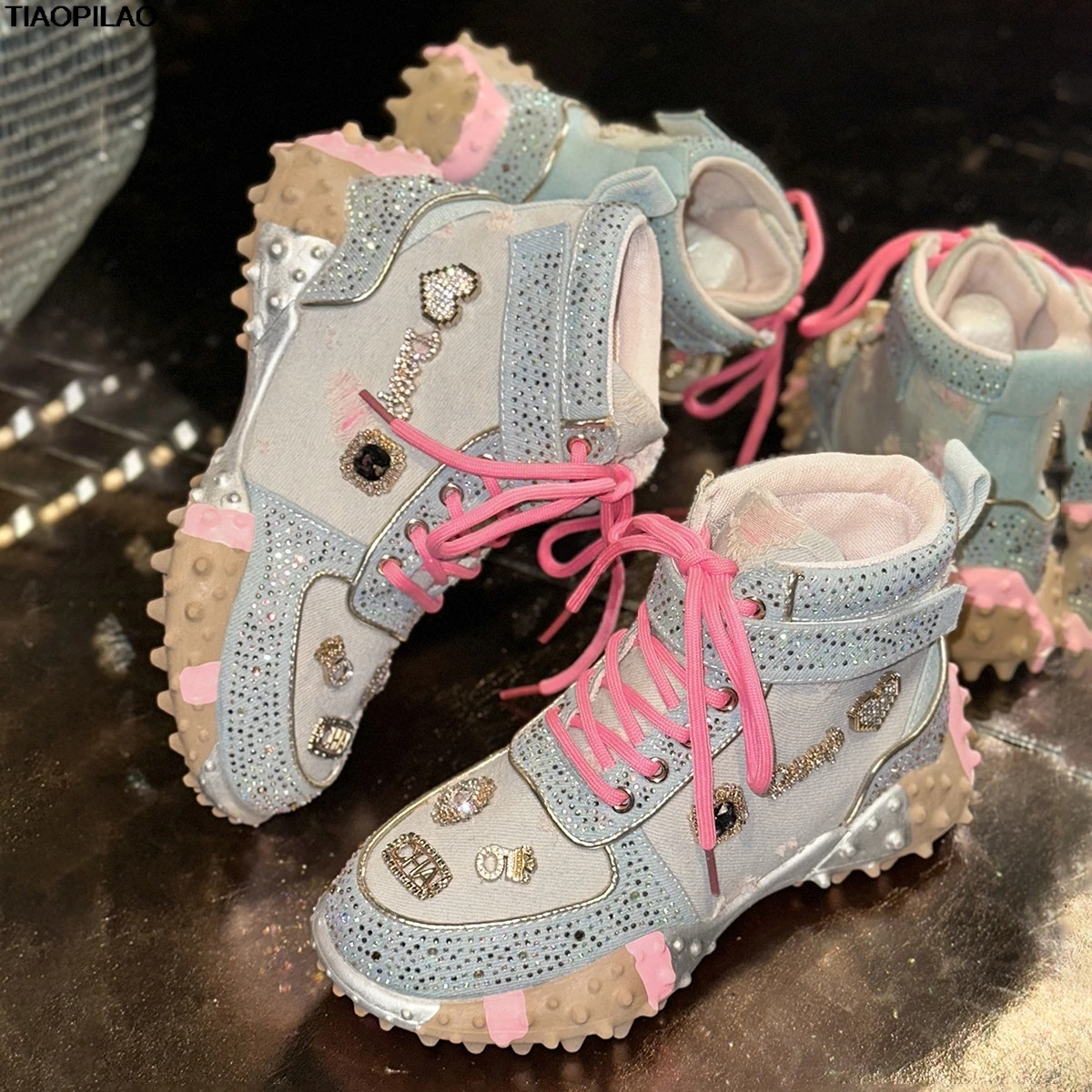 

Luxury Designer Crystal Women's Chunky Shoes Spring And Autumn Casual Sports Ladies Sneakers Denim Platform Female Shoes