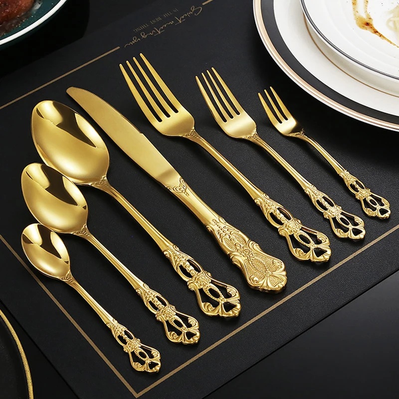 Stainless steel tableware set with European relief knives, forks, spoons, and Western tableware