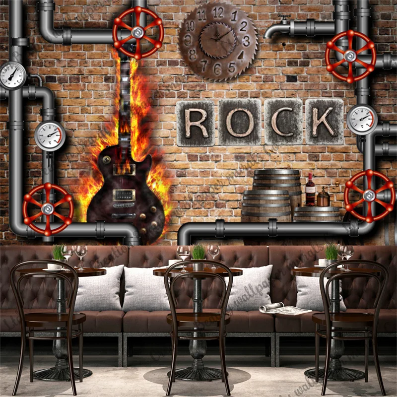 

Custom Gear Water Pipe Clock Barrel Rock Guitar Wallpaper Industrial Decor Mural Bar Club KTV Restaurant Background Papel Tapiz