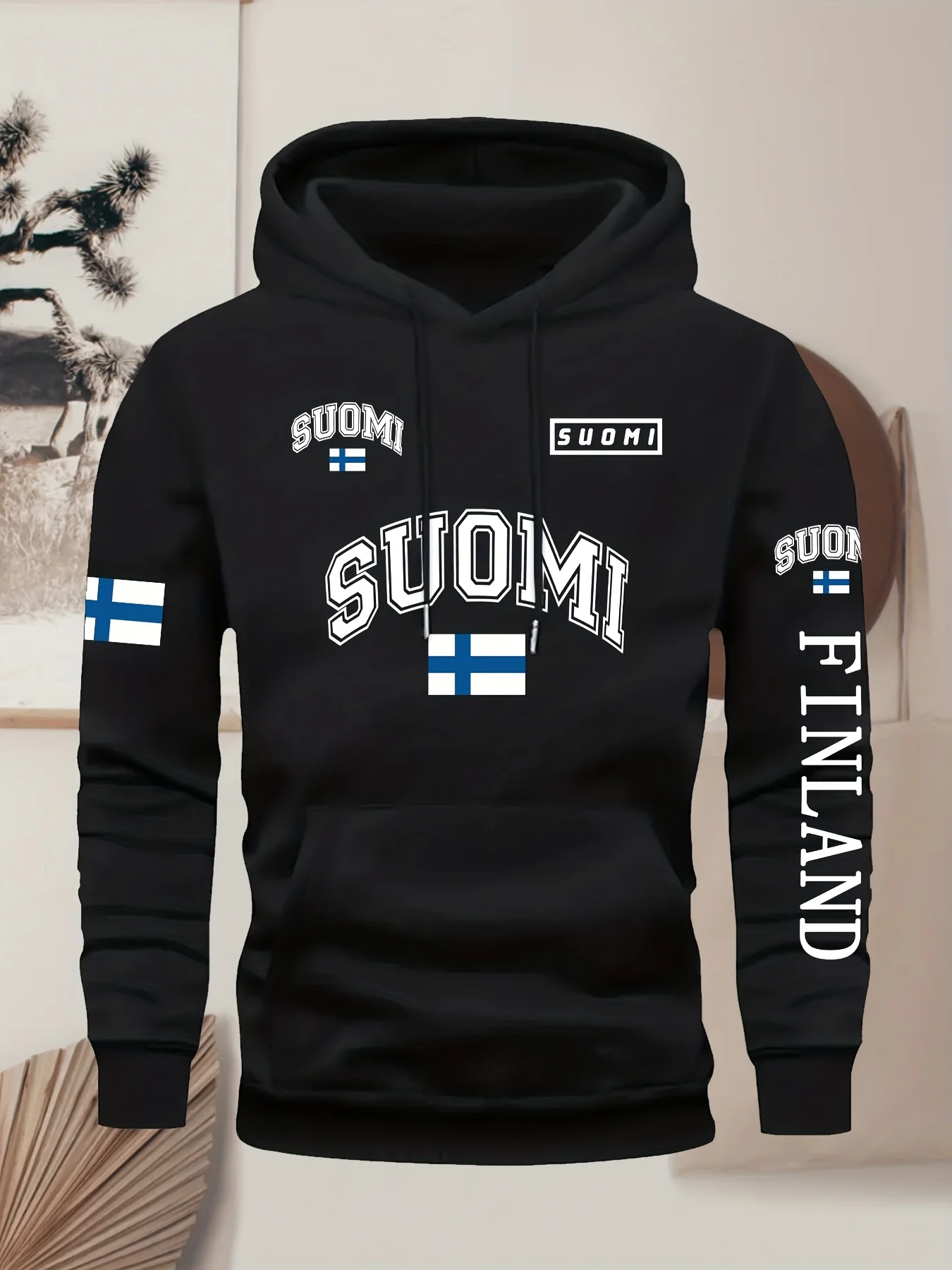 Customization Men'S Stylish Hoodie Featuring Finnish National City Elements With Various Patterns, Kangaroo Pocket, Adjustable D