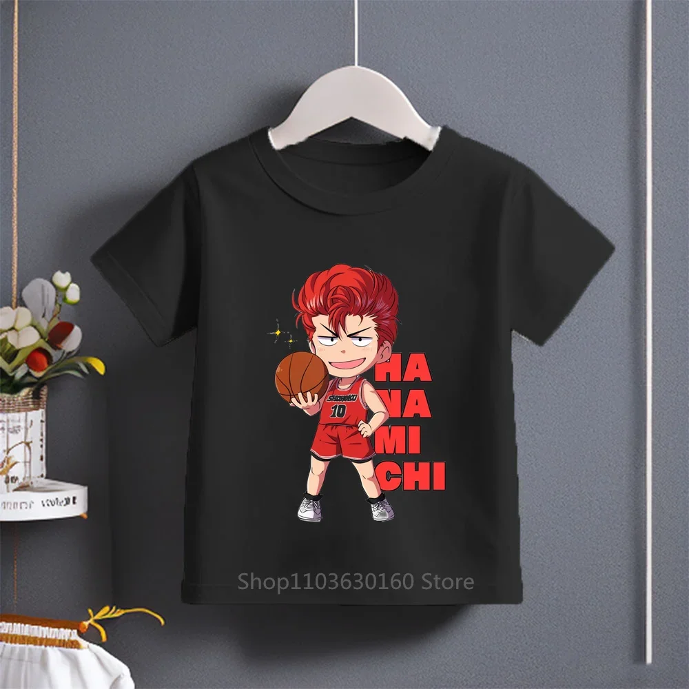 Summer New Cotton Casual Cute Kids Short Sleeve T-shirt with Sakuragi Hanamichi Cartoon Print for Boys Girls Ages 3-14