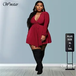 Plus Size Sexy Dress Women Wholesale Fall Clothes Solid Long Sleeve Deep V Neck Mini Dresses Club Birthday Outfits Dropshipping