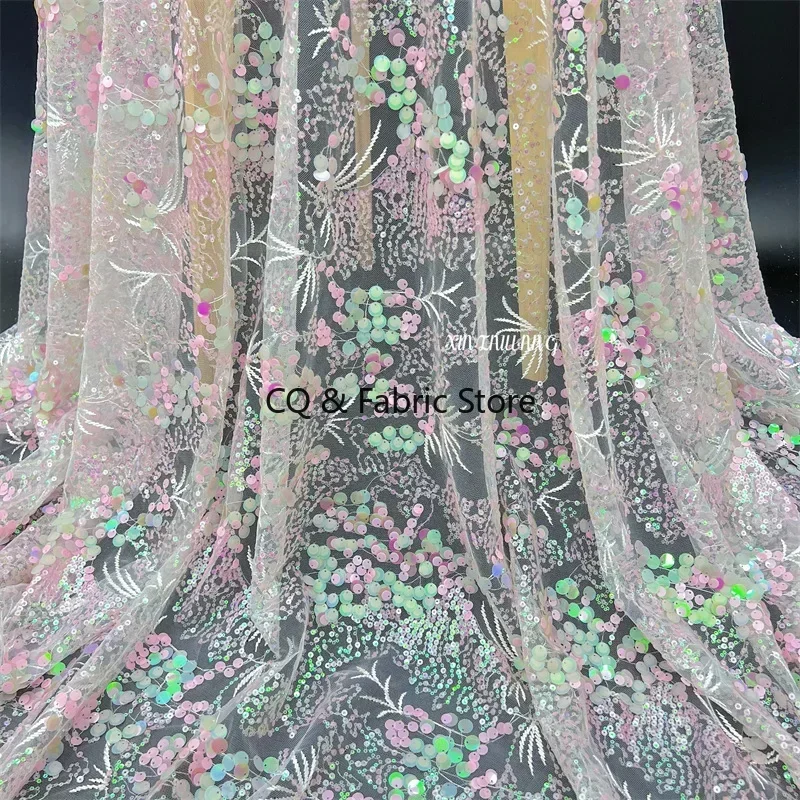 

Розовая ткань с вышивкой и блестками 9 мм, платье Cheongsam, свадебное платье, ткань с блестками и бусинами, дизайнерская ткань во дворе