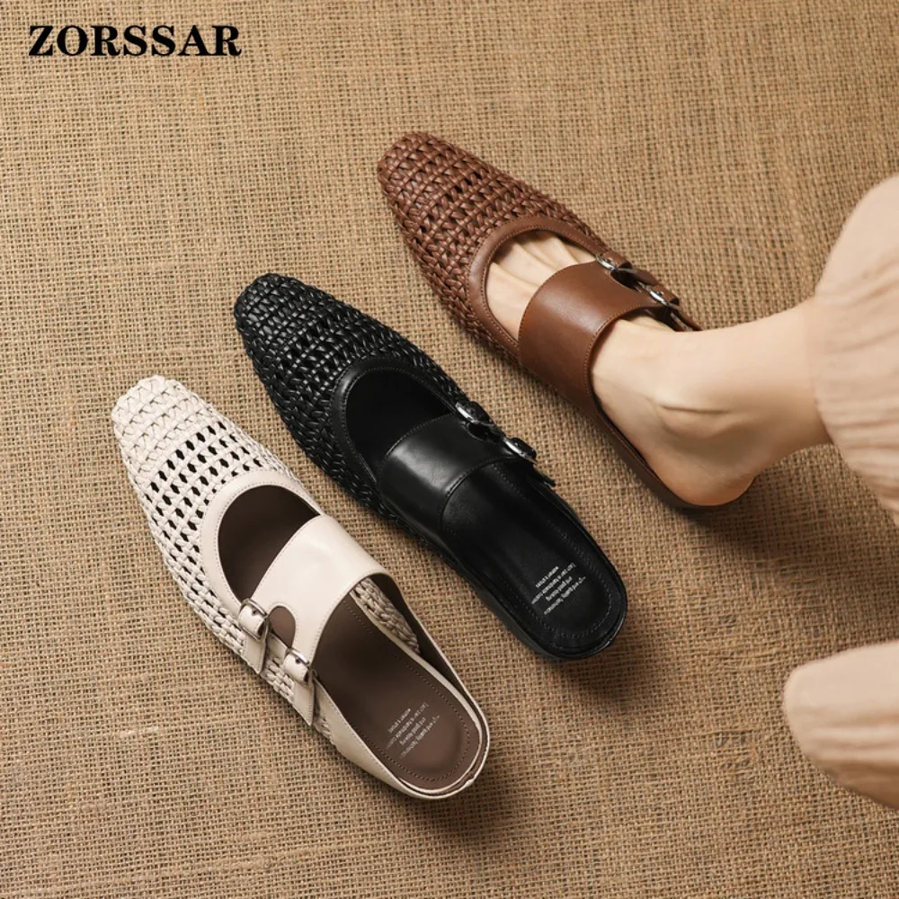 Women's Square Toe Mules, Woven Hollow Out Leather Sandals, Double Buckle Slip on Backless Flats, Breathable Summer Shoes