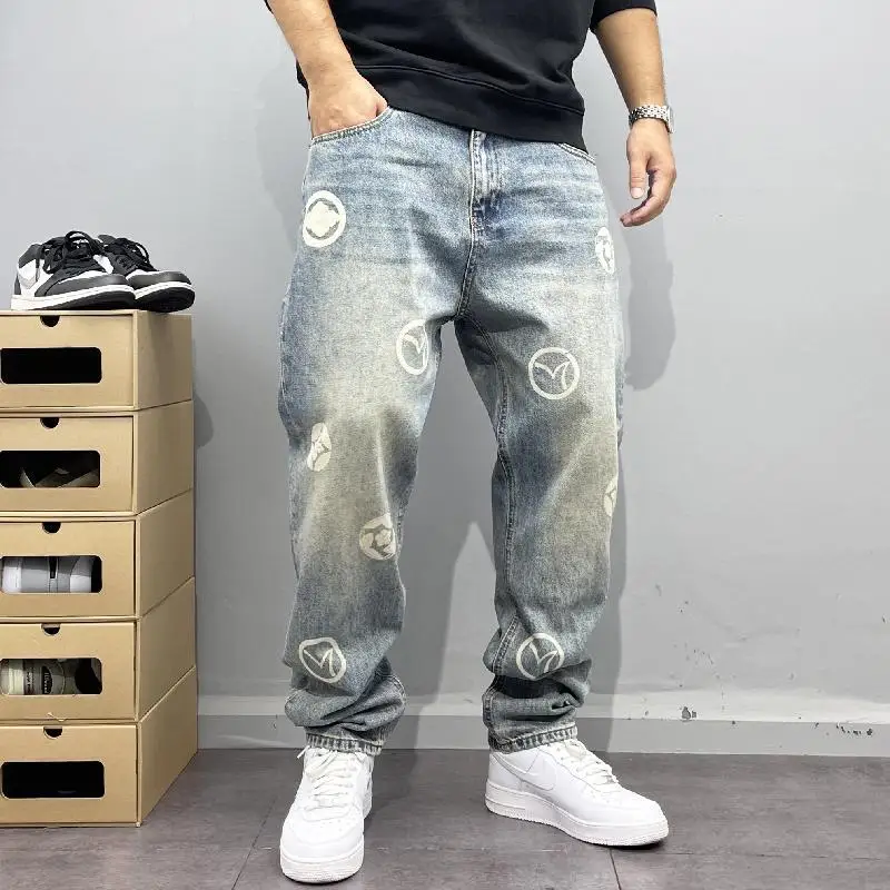 

Washed Distressed Light Blue Hip-Hop Street Straight Jeans Men's Loose American High Fashion Printed Trousers Ruan Handsome