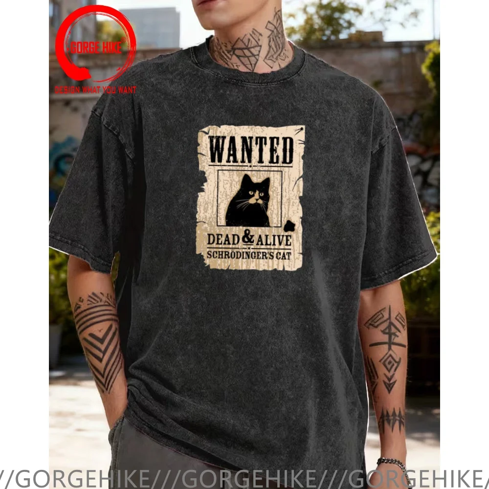 

Винтажная футболка из выстиранного хлопка с забавным дизайнерским принтом «Кот Шредингера», мужская модная повседневная одежда, стильные топы