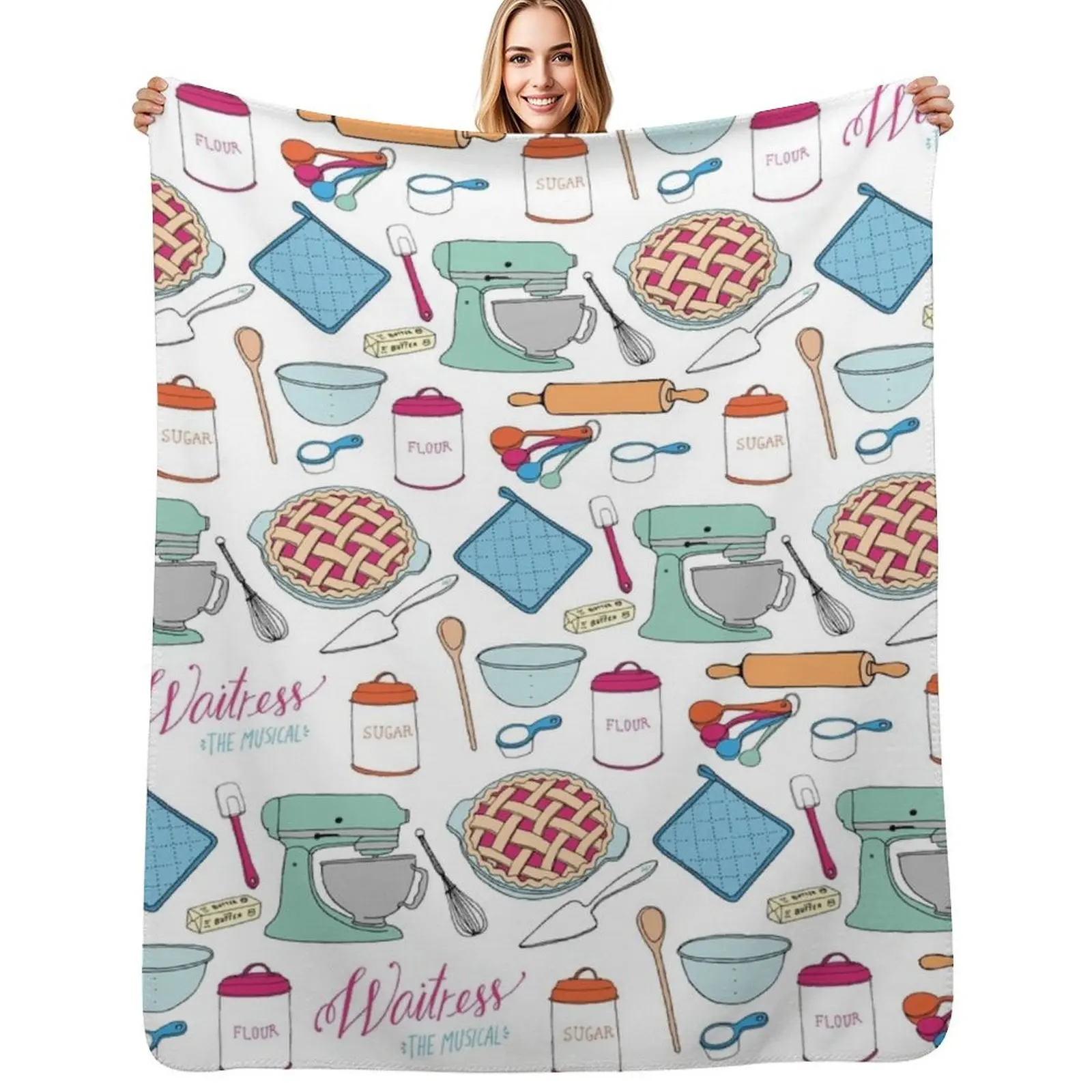 Waitress the Musical cherry pie print, mixer, sugar, butter, flour - Broadway, West End Throw Blanket
