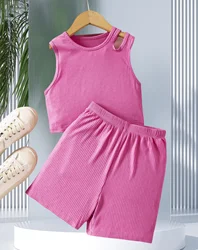Summer children's fashion suit: pink ribbed sleeveless top and loose shorts for comfortable and breathable
